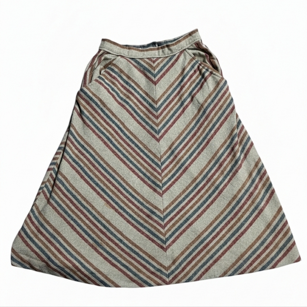 Vtg ILGWU Wool A-Line Midi Skirt Striped Earth Tones XS 23" Waist Made in USA‎